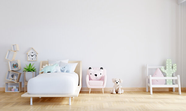 White child bedroom with free space for mockup, 3D rendering
