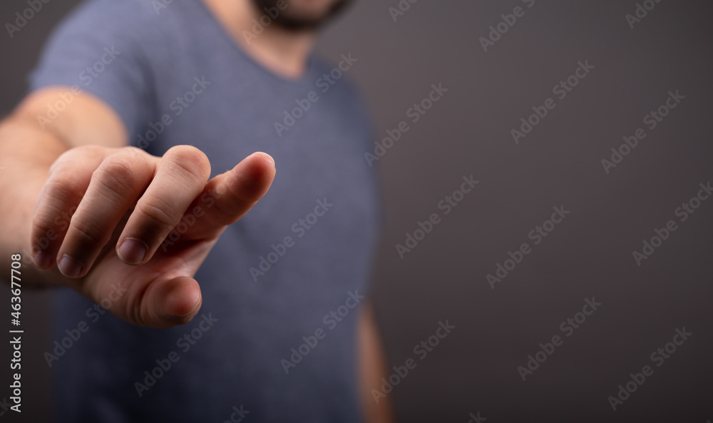 Poster businessman pointing or touching finger in screen..