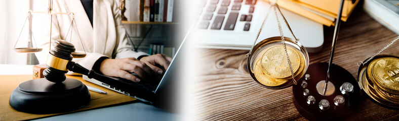 Justice and law concept.Male judge in a courtroom with the gavel, working with, computer and docking keyboard, eyeglasses, on table in morning light