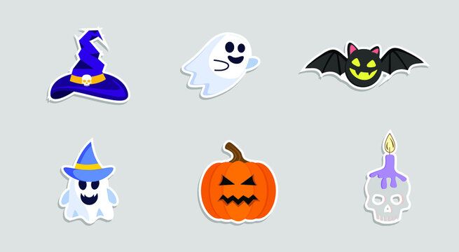 Halloween Assets, Hand-drawn Flat Halloween Labels Collection And Set