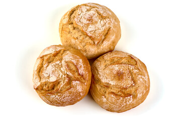 Crusty round bread rolls, isolated on white background.