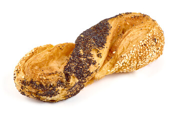 Wholegrain buns with poppy seeds and sesame, close-up, isolated on white background.
