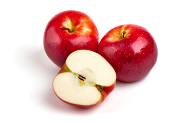 Naklejka na ściany i meble Shiny Red ripe apples, isolated on white background. Fresh raw organic fruits.
