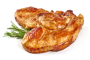 Grilled pork shoulder steak, isolated on white background.
