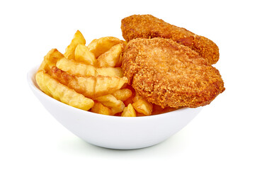 Deep fried cutlets with french fries, isolated on white background.