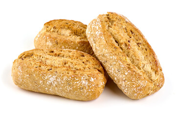 Freshly baked crispy bread rolls, close-up, isolated on white background.