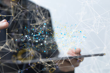 Abstract network of physical devices on the Internet using a network connection with statistics numbers 3d illustration