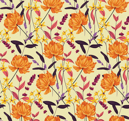 Plakat Seamless floral pattern with various autumn plants. Botanical vintage print with wild flowers, leaves and herbs. Vector.