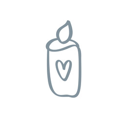 Hand drawn candle with heart. Valentine retro doodle isolated illustration. Christmas festive line graphic design. Vector vintage scandinavian image