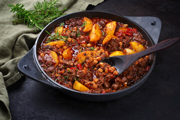 Traditional Italian ceci al sugo chickpeas with salsiccia and minced beef stew with tomato sauce and potato served as close-up in a cast-iron skillet