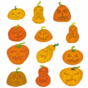 Set of Halloween orange, yellow pumpkins with scary faces on a white background. For advertising, packaging, holiday decorations, textiles, design.