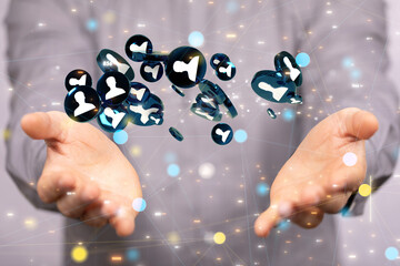 holding 3D rendering group of blue people