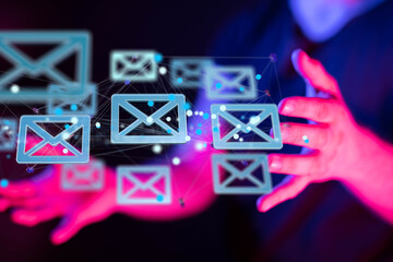  touching 3D rendering flying email icon with his fin