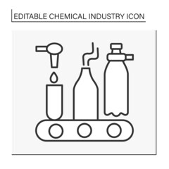  Plastic production line icon. Producing plastic bottles. Business. Chemical industry concept. Isolated vector illustration. Editable stroke