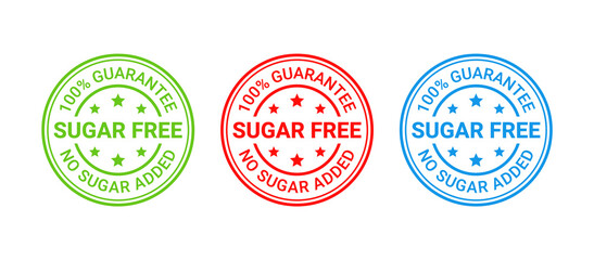 Sugar free stamp icon. No sugar added round badge. Diabetic label. Green, red and blue seal imprints isolated on white background. Emblem for package product. Vector illustration. Flat design.