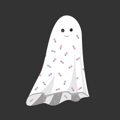 Cute smiling ghost in a vintage flower sheet. Template for Halloween decorative design. Isolated vector illustration