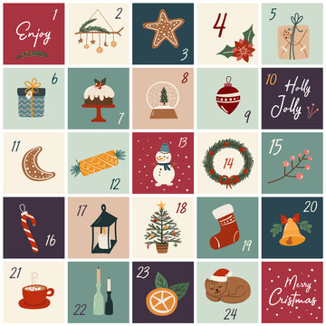 Christmas advent calendar with hand drawn elements. Xmas Poster. Vector illustration on white background