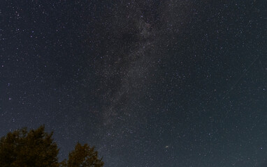 Beautiful bright milky way galaxy with long exposhure cloud on the blue starry sky. Space, astronomical background.