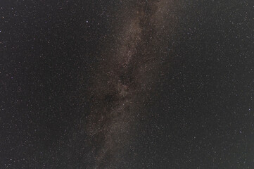 Beautiful bright milky way galaxy with long exposhure cloud on the blue starry sky. Space, astronomical background. Cosmos wallpaper.