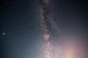 Beautiful bright milky way galaxy with long exposhure cloud on the blue starry sky. Space, astronomical background. Cosmos wallpaper.