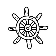 Obraz premium Steering wheel of the ship. Wooden rudder, antique equipment. Black and white vector isolated illustration hand drawn doodle