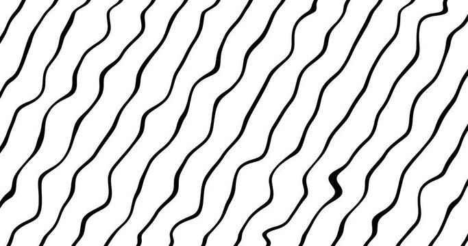 Thin black and white striped animation, abstract background with wavy lines, line art, two colour stripes, vector motion video with calming effect, slow moving of geometrical shapes