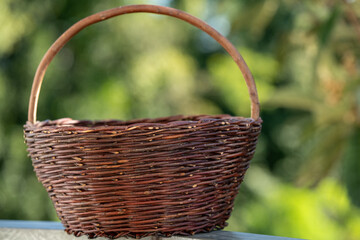 Fototapeta na wymiar vintage wicker basket on a background of green leaves