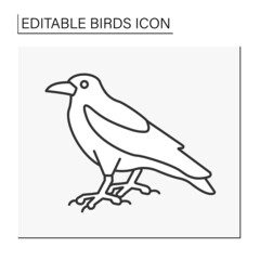 Crow line icon. Large bird with glossy black plumage, heavy bill, and a raucous voice.Birds concept. Isolated vector illustration. Editable stroke