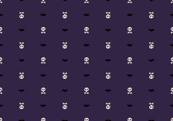 Seamless pattern with skulls, crossbones and bats on purple background. Fashion print for kids party, holiday, halloween, textile and design