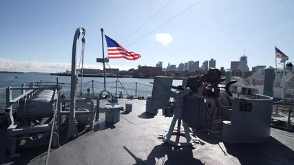 USS Cassin Young Ship Deck. Camera focuses on the US flag on the Cassin Young Ship Deck. 