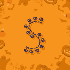 Halloween letter S from skulls and crossbones for design. Festive font for holiday and party on orange background with pumpkins, spiders, bats and ghosts