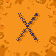 Halloween letter X from skulls and crossbones for design. Festive font for holiday and party on orange background with pumpkins, spiders, bats and ghosts