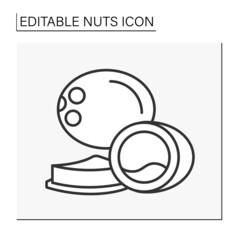  Coconut line icon. Balanced nutrition. Rich in vitamins and minerals. Coconut milk, coconut oil, topping for ice cream or yogurt. Nuts concept. Isolated vector illustration. Editable stroke