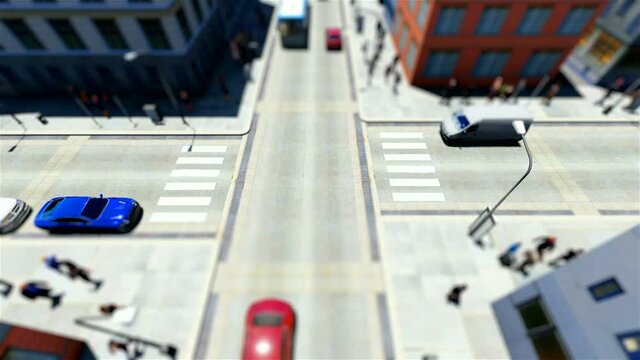 Tilt shift of walking people and traffic in city