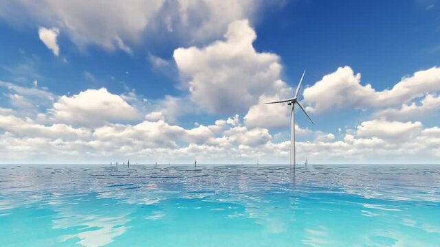 Wind turbine on blue sea and boats