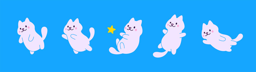Set cartoon cute cat astronaut flying in blue sky space with stars