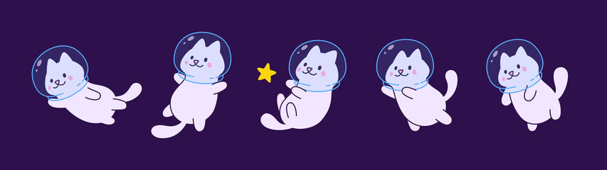 Set cartoon cute cat astronaut with aquarium on head in night space with stars