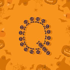 Halloween letter Q from skulls and crossbones for design. Festive font for holiday and party on orange background with pumpkins, spiders, bats and ghosts