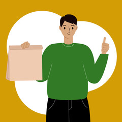 Delivery of goods concept. Courier with a box in one hand and the other hand shows the gesture ok.