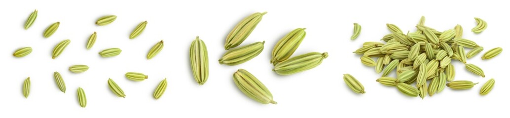 Dried fennel seeds isolated on white background with clipping path. Top view. Flat lay. Set or...