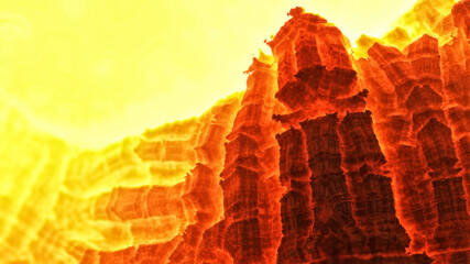 3d illustration, wallpaper in the form of fantastic burning mountainsides, slopes of a volcano with burning lava