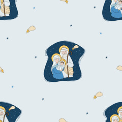 Seamless pattern Christmas Jesus Christ. Holy Family - Theotokos Virgin Mary, Joseph and baby Jesus On light blue background with star of Bethlehem. Vector illustration. For decoration, packaging