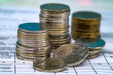 Coins close-up. Russian coins rubles. Money stacked.