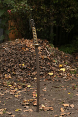 Vintage katana sword in the ground