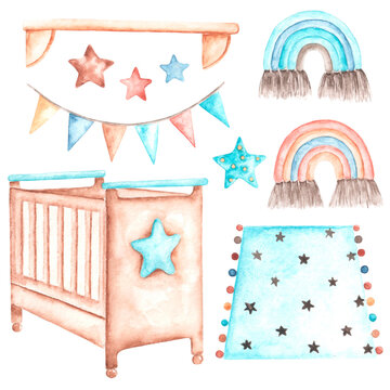Nursery baby boy watercolor illustration set. Boy. Interior. Crib, shelf, garland flags, rug, rainbow macrame, stars. Blue and brown colors. Pictures are isolated. Newborn boy. For printing 