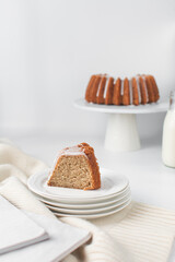 slice on mocha cake, a slice of mocha bundt cake with icing glaze 