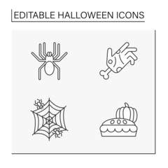  Halloween line icons set. Traditional holiday element. Spider, spiderweb, zombie and pumpkin pie.Holidays calendar concept. Isolated vector illustration. Editable stroke
