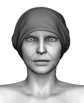 3D Rendering Of An Older Woman Wearing  Head Covering. Black And White Isolated On White Background.