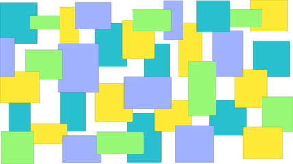 Different sizes and shades of purple,yellow and green squares on a white background