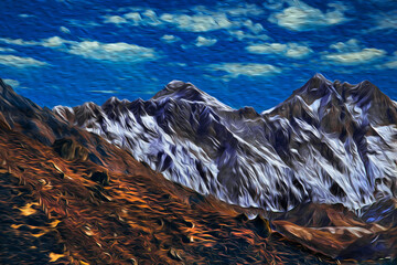 Snowy mountains and deep valleys with blue sky at the Himalaya Ridge. The world largest and highest mountain range, in Nepal. Oil Paint filter.